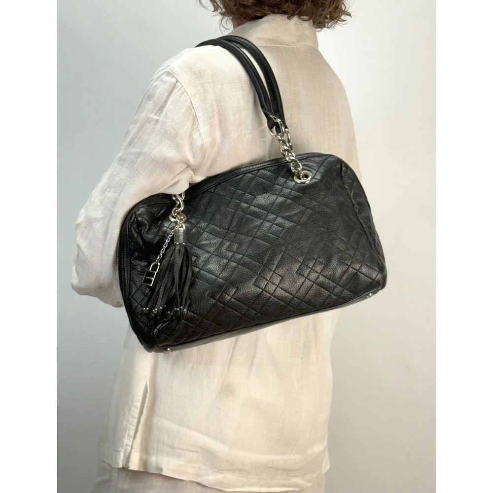 Calvin Klein Black Quilted Leather Satchel Bag Silver Chain Tassel Charm Handbag